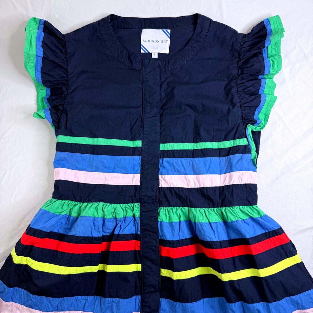 Addison Bay Navy Multi Color Striped Ruffle Sleeve Tiered Mini Dress Large